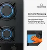 A gas stovetop with two burners lit, next to marketing text and an image of a hand cleaning the surface. Produktbild-Vorschau