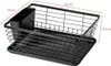 A black metal dish drying rack with a removable utensil holder and drip tray, shown with dimensions indicated by red lines and text. Anteprima dell’immagine prodotto