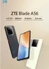 Three ZTE Blade A56 smartphones are displayed against a light beige background. One is black, one is white, and one is a front view showing the screen. Produktbild-Vorschau