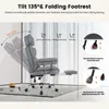 A grey office chair with a footrest shown in different reclining positions, with text overlays explaining its features. Produktbild-Vorschau
