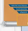 A close-up of a roller blind with text overlays highlighting its features. Produktbild-Vorschau