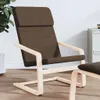 A brown armchair with a wooden frame and a matching ottoman, placed on a wooden floor next to a plant and a small white cabinet. Produktbild-Vorschau