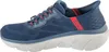 Side view of a blue Skechers slip-on sneaker with red accents. Podgląd zdjęcia produktu