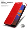 A red phone case is shown open, revealing a smartphone screen. Text describes the magnetic closure feature. Podgląd zdjęcia produktu