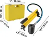 A yellow hydraulic punch tool and its case are displayed with dimensions indicated by measurement lines and text. Náhľad obrázku produktu
