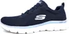 A side view of a navy blue Skechers women's sneaker with a white sole and light blue accents. Voir les images du produit