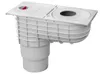 A white plastic rain drain box with a pipe outlet, shown against a white background. Produktbild-Vorschau