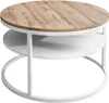 A round coffee table with a wood-look top and white shelves and legs, presented on a white background. Náhľad obrázku produktu