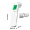 A white digital infrared thermometer is shown against a white background, with dimensions and text overlays. Produktbild-Vorschau