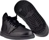 A pair of black Nike Air Jordan 1 Mid sneakers, with one shoe shown from the side and the other from the sole. Produktbild-Vorschau