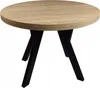 A round wooden table with black legs on a white background.