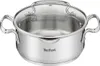A stainless steel pot with a glass lid and two handles, shown from a front-side angle against a white background. Produktbild-Vorschau