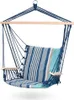 A hanging chair with a striped cushion, suspended from a wooden bar. Produktbild-Vorschau