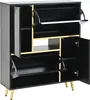 A black shoe cabinet with gold accents and legs, shown with two doors and two flip-down shoe compartments open. Podgląd zdjęcia produktu