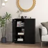 A black cabinet with open doors, displaying shelves with books and decorative items, in a room with a plant and a mirror on the wall. Podgląd zdjęcia produktu