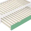 A close-up view of the slatted base of a bunk bed and a pull-out trundle bed with a green front panel. Náhled obrázku produktu