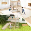 A collage showing a wooden indoor/outdoor climbing frame for children, with children playing on it in different settings. Produktbild-Vorschau