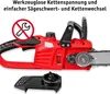 A red and black electric chainsaw with a detached black component shown below it, against a white background. Text is present at the top of the image. Produktbild-Vorschau