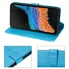 A collage of images showing a blue flip wallet phone case for a Samsung Xcover 6 Pro. The main image shows the phone in the case, and two smaller inset images show details of the case closure and texture. Produktbild-Vorschau