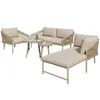 A set of outdoor furniture including a sofa, a chaise lounge, an armchair, and two coffee tables, arranged on a white background. Podgląd zdjęcia produktu