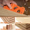 A hand is using an orange edge planer on a piece of wood. The image is divided into four sections, showing different types of wood materials. Produktbild-Vorschau