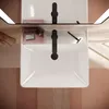 A top-down view of a white bathroom sink with black faucets and accessories. Anteprima dell’immagine prodotto