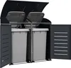 A dark gray outdoor trash bin enclosure with two gray trash cans inside, shown with the top lid and side door open. Produktbild-Vorschau