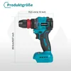 A teal and black cordless drill with measurement indicators. Produktbild-Vorschau
