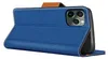 A blue flip case wallet for an iPhone 11 Pro Max is shown from a side angle. Produktbild-Vorschau