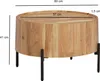 A round wooden coffee table with black metal legs, shown with dimensions indicated. Produktbild-Vorschau
