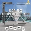 A Samsung Galaxy S21 5G phone with two tempered glass screen protectors in front of a modern building. Produktbild-Vorschau
