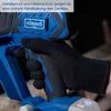 Close-up of a hand wearing a black glove holding a blue and black power tool. Produktbild-Vorschau
