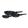 Three black frying pans of different sizes are arranged diagonally on a white background. Produktbild-Vorschau