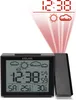 A projection alarm clock displaying time, date, temperature, and weather forecast, with a red projection of the time and weather icons above it. Produktbild-Vorschau