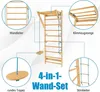 A collage of images showing a wooden climbing wall set with various attachments and close-ups of its components. Podgląd zdjęcia produktu