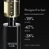 A close-up of an Armani Code perfume bottle with a refill mechanism, alongside marketing text highlighting savings from refilling. Voir les images du produit