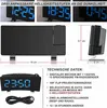 Collage of product images and technical data for a digital alarm clock. Produktbild-Vorschau