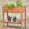 A wooden raised garden bed filled with various plants, placed on a stone patio. A watering can and a potted plant with red flowers are on the shelf below. Produktbild-Vorschau