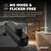 A black LED cord dimmer is shown in a bedroom setting, with text highlighting its features. Produktbild-Vorschau