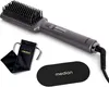 A gray Medion hair straightening brush with its accessories, including a storage pouch and a heat-resistant mat, is displayed against a white background. Produktbild-Vorschau