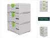 A stack of three white Festool Systainer toolboxes with green handles, shown from a slightly angled front view. Podgląd zdjęcia produktu