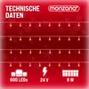 A marketing image showing technical data for a string of lights, with snowflakes in the background. Produktbild-Vorschau