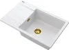 A white kitchen sink with a gold drain and a drying rack. Náhled obrázku produktu