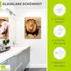 A bathroom with a sink, vanity, and a glass print of a lion on the wall. There are also marketing graphics on the right side. Produktbild-Vorschau