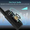 Close-up of a black walkie-talkie with sound waves emanating from the speaker, against a blue and gray background with a sound wave graphic. Produktbild-Vorschau