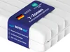 A close-up view of a white mattress with a blue band wrapped around it, featuring product information and branding. Produktbild-Vorschau