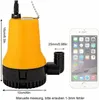 A yellow and black submersible pump is shown next to a smartphone for size comparison, with dimensions indicated by text overlays. Náhľad obrázku produktu
