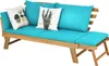 A wooden garden bench with blue cushions and decorative pillows. Anteprima dell’immagine prodotto