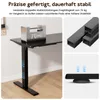 A close-up of a black standing desk with a weight on it, and inset images showing the desk's metal frame and base. Produktbild-Vorschau