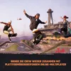 Three skateboarders performing tricks in a skate park with a lighthouse and bridge in the background. Náhled obrázku produktu